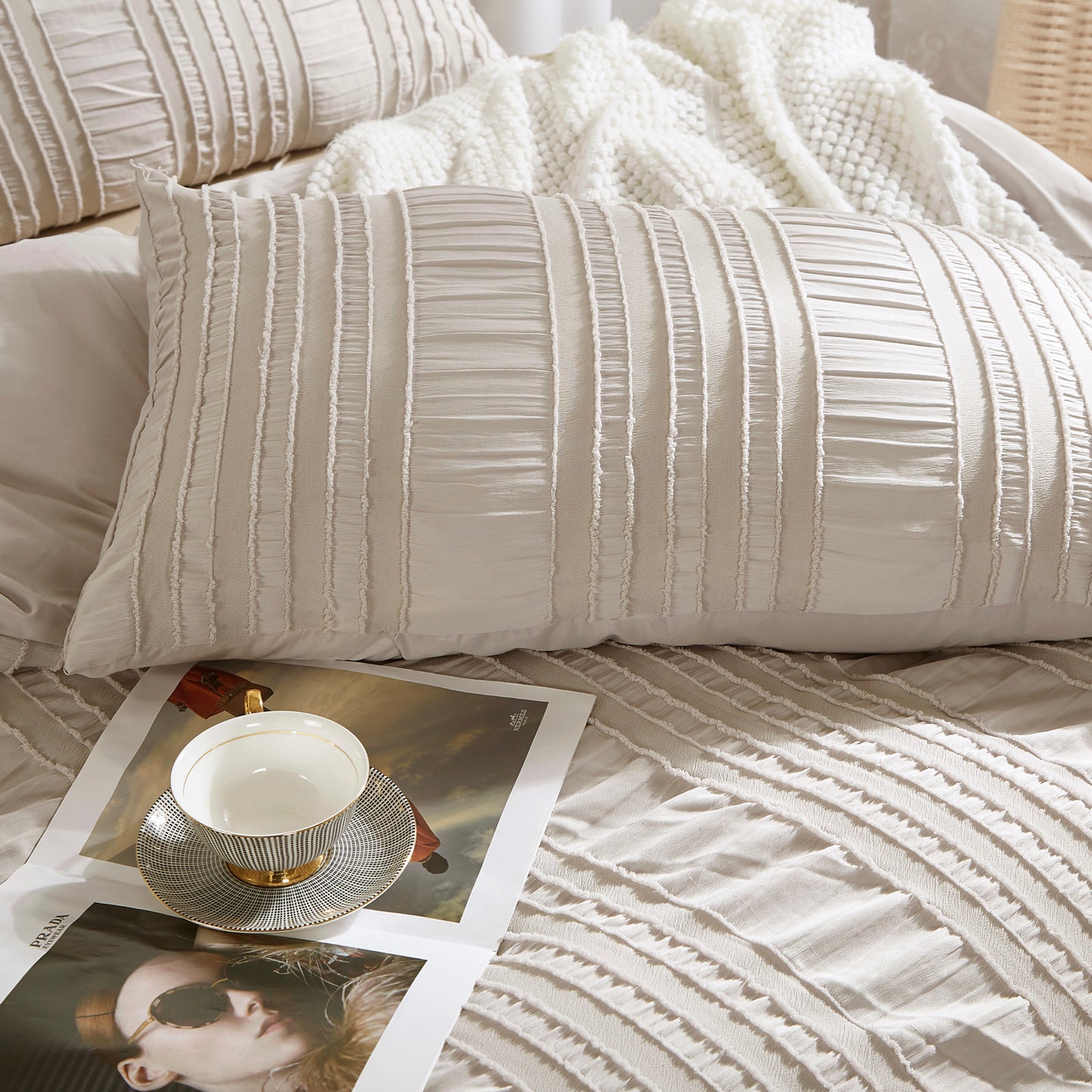 Tufted Boho Striped Embroidery Quilt/Doona/Duvet Cover Set