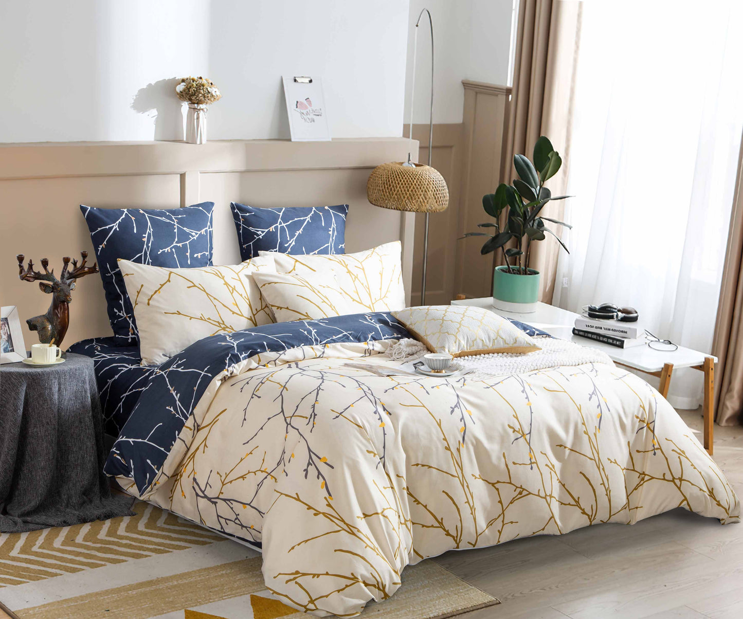 TREE Reversible Blue&Beige Duvet/Doona/Quilt Cover Set Queen/King/Super Size Bed