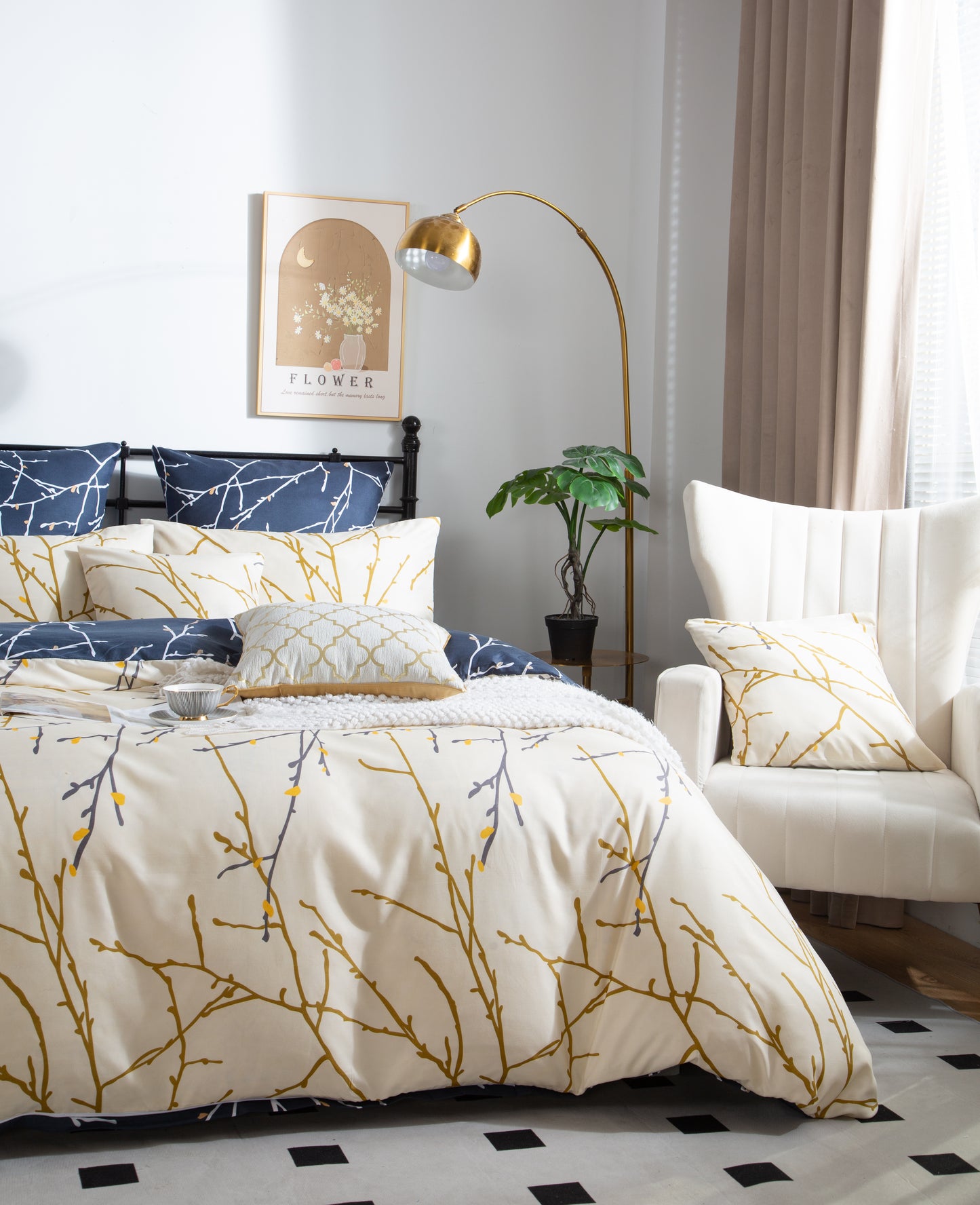 TREE Reversible Blue&Beige Duvet/Doona/Quilt Cover Set Queen/King/Super Size Bed
