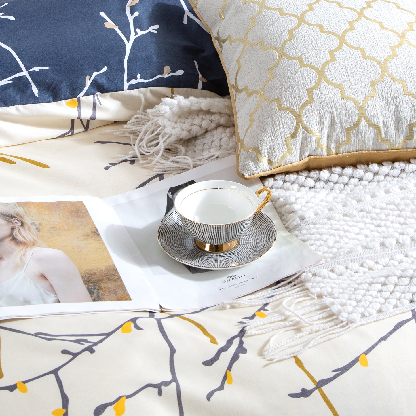 TREE Reversible Blue&Beige Duvet/Doona/Quilt Cover Set Queen/King/Super Size Bed