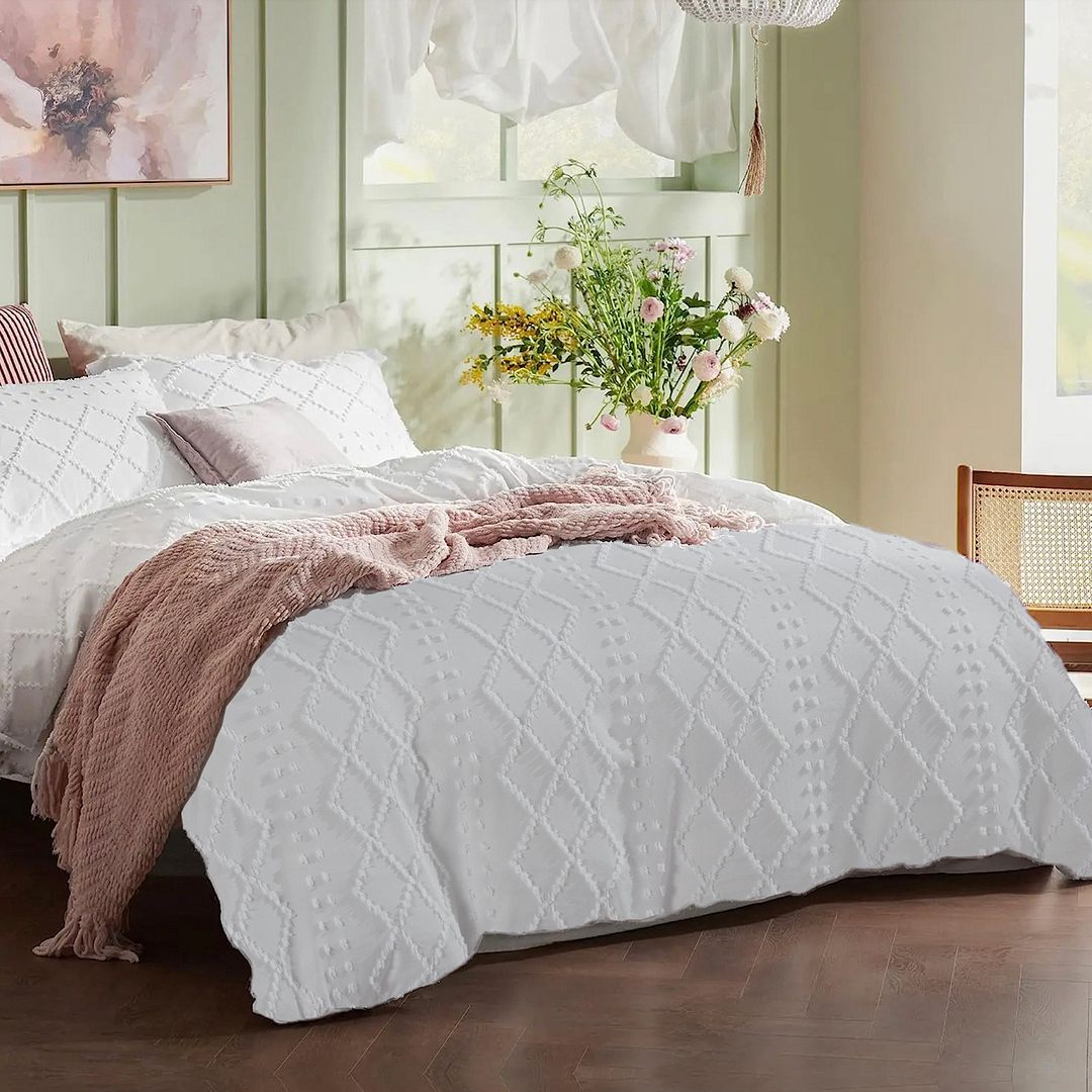 Tufted Boho Embroidery Quilt/Doona/Duvet Cover Set - White