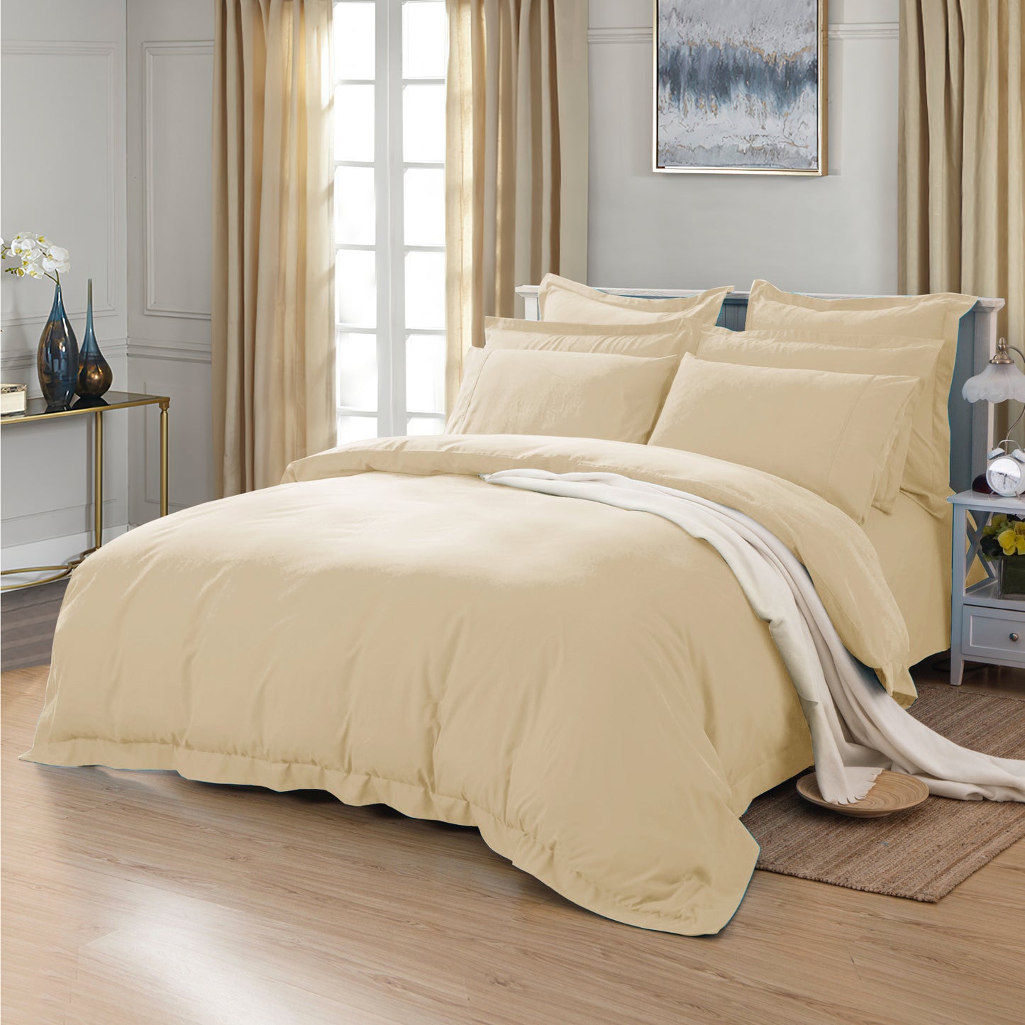 1000TC Soft Tailored Quilt Cover Set -Single/Double Queen/King/Super King Size-Yellow Cream