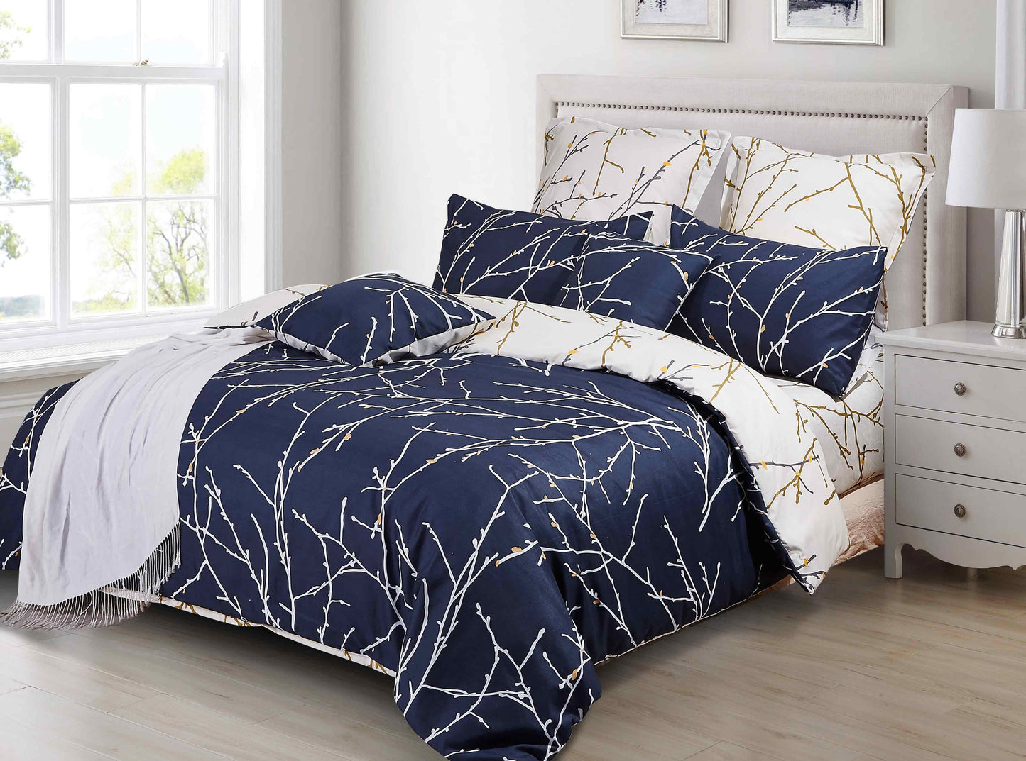 TREE Reversible Duvet/Doona/Quilt Cover Set Queen/King/Super Size Blue&Beige
