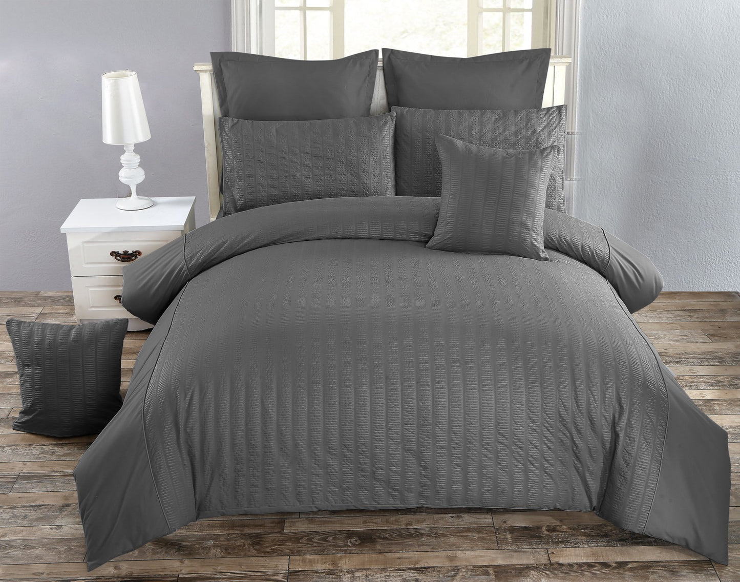 Seersucker Duvet/Doona/Quilt Cover Set-Double Queen/King/Super King Size-Charcoal