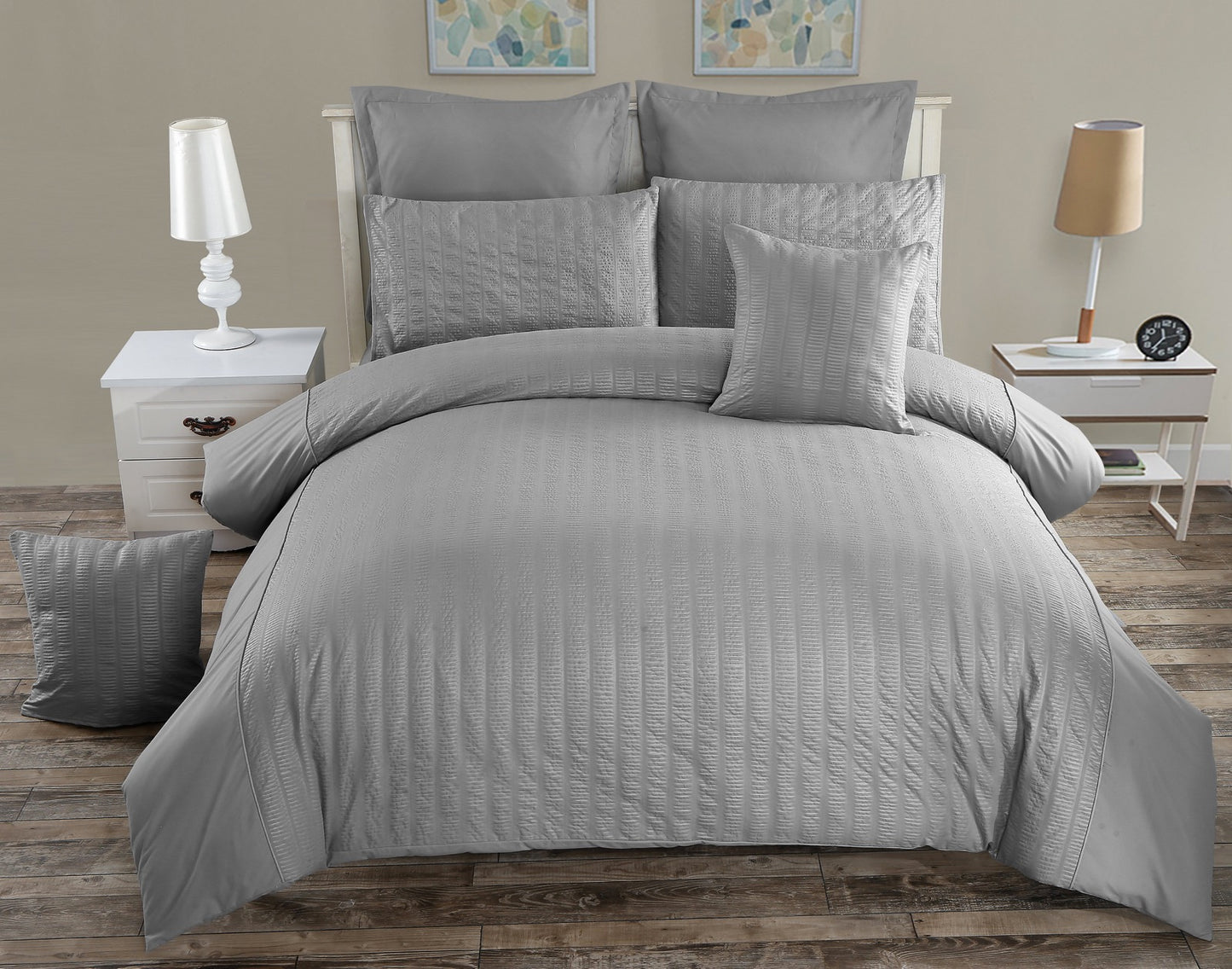 Seersucker Duvet/Doona/Quilt Cover Set-Double Queen/King/Super King Size-Grey