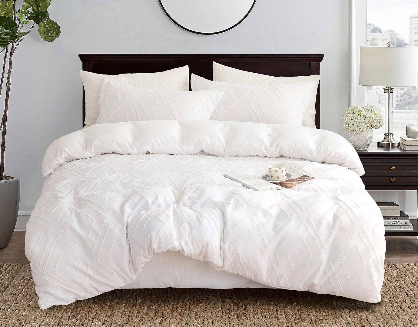 Tufted Diamond Jacquard Quilt Cover Set -Queen/King/Super King Size- White