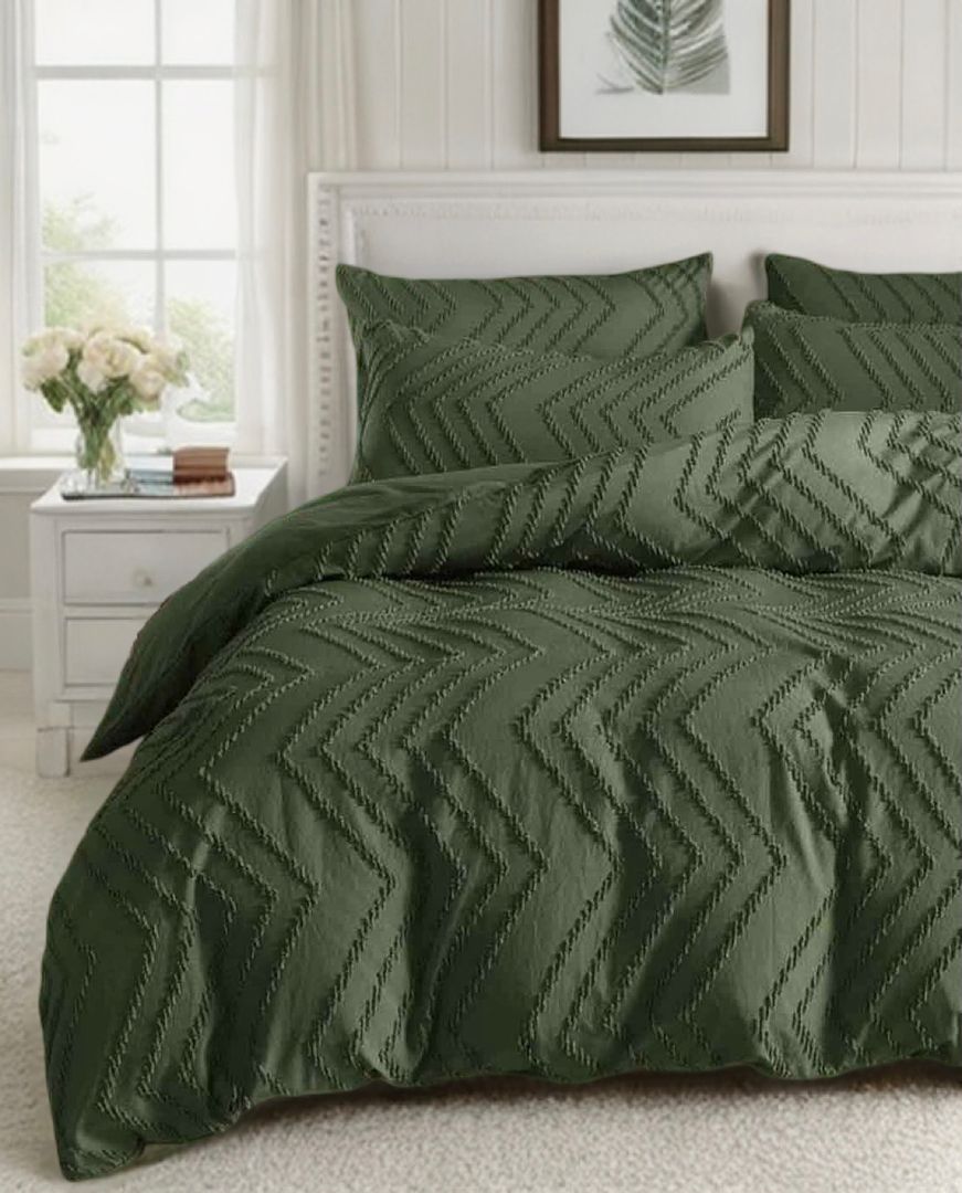Tufted Boho Wave Jacquard Quilt Cover Set (Queen/King/Super King Size) - Dark Green