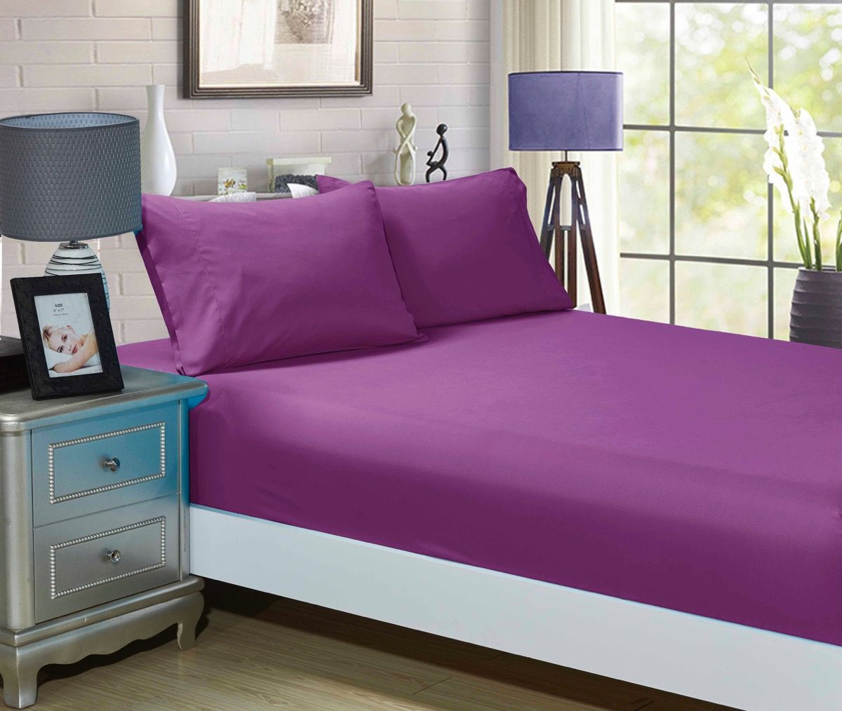 1000TC Ultra Soft Fitted Sheet & Pillowcase(s) Set - Single/Double Queen/King/Super King Size Bed - Purple