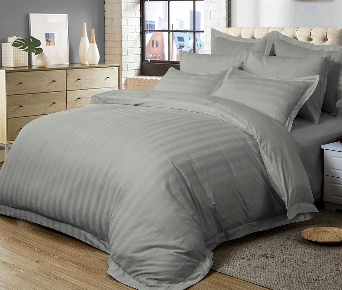 1000TC Ultra Soft Striped Duvet/Doona/Quilt Cover Set Queen/King/Super King Size-Grey