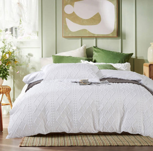 Tufted Boho Embroidery Quilt/Doona/Duvet Cover Set - White