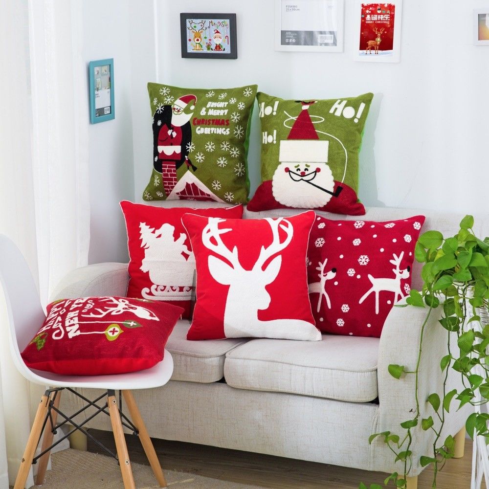 Embroidered Merry Christmas Cushion Covers Santa Reindeer Sleigh