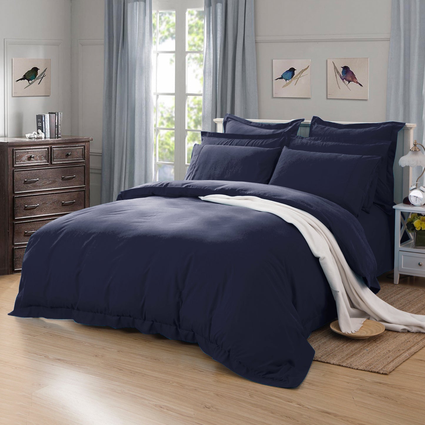 1000TC Soft Tailored Quilt Cover Set -Single/Double Queen/King/Super King Size-Midnight Blue