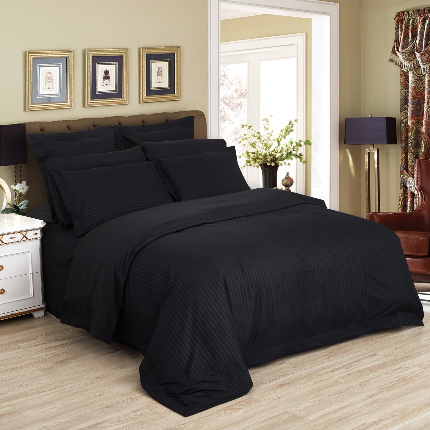 1000TC Ultra Soft Striped Duvet/Doona/Quilt Cover Set Queen/King/Super King Size-Black