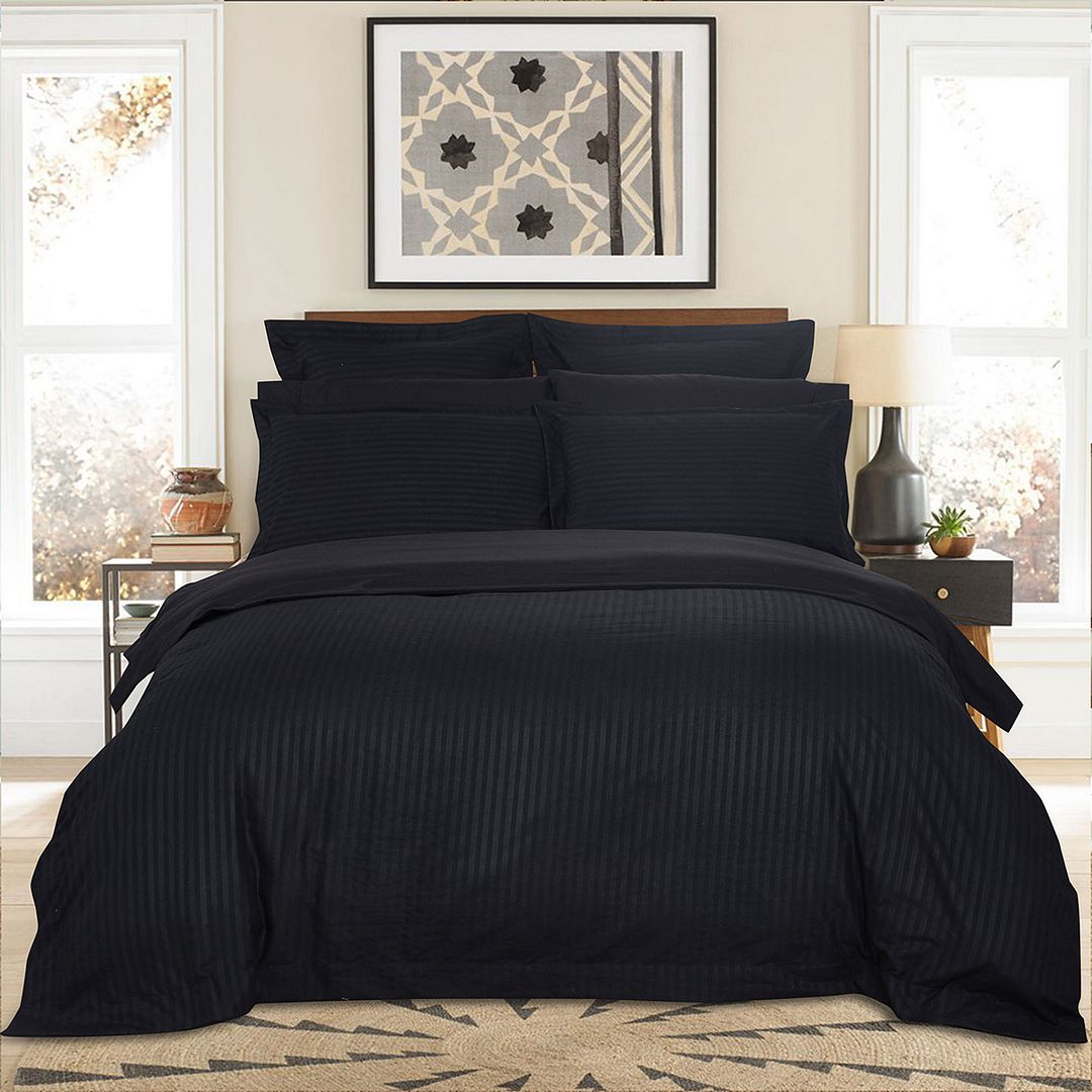 1000TC Ultra Soft Striped Duvet/Doona/Quilt Cover Set Queen/King/Super King Size-Black